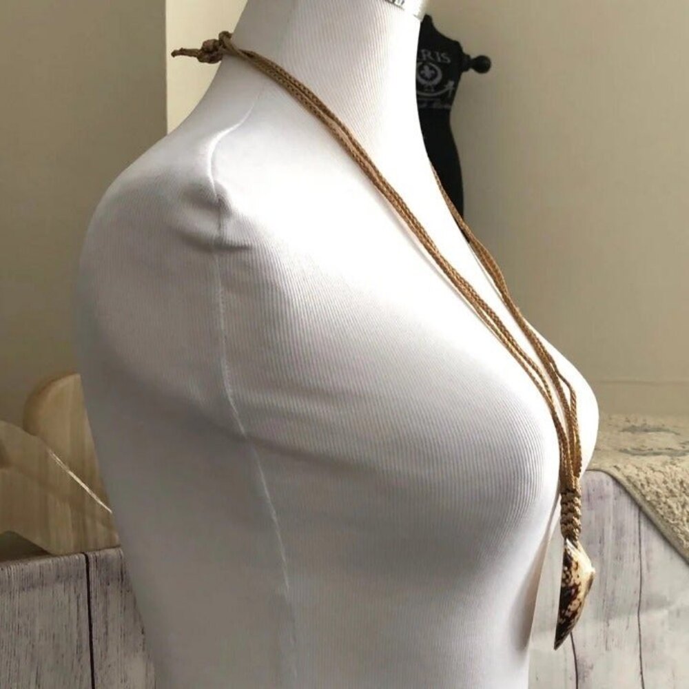 Long Tan Cord Necklace with Oval Shell Focal - Picture 4 of 7